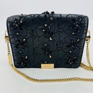 Michael Kors Jade Gusset Floral Beaded Chain Link Leather Clutch Crossbody Bag